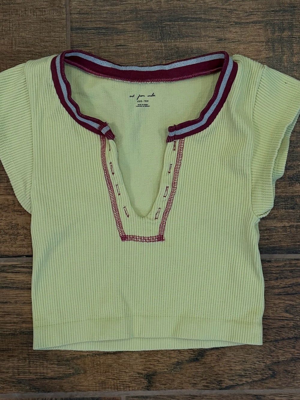 Urban Outfitters Light green Ribbed Crop Top with Burgundy Trim